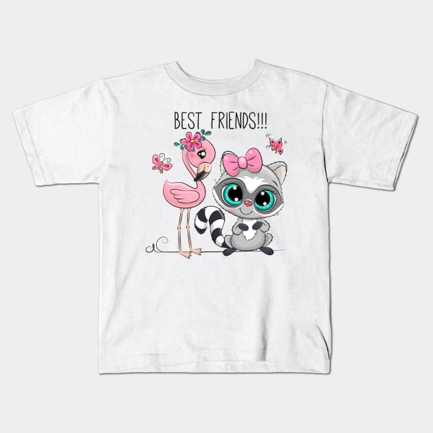 Cute raccoon and pink flamingo. Good friends are animals. Kids T-Shirt by Reginast777